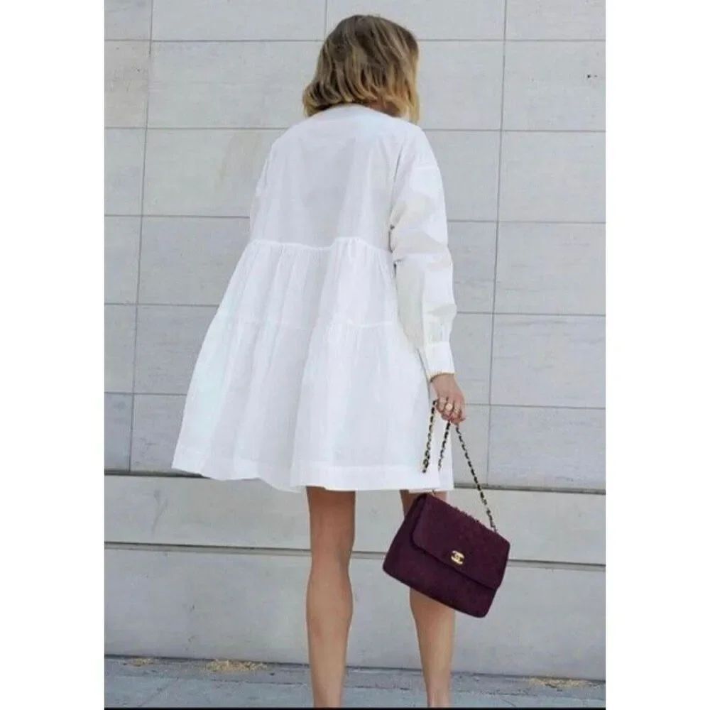 ANINE BING Addison Tiered Cotton V-Neck Long Sleeve Oversized Babydoll Mini Dres - Picture 2 of 13